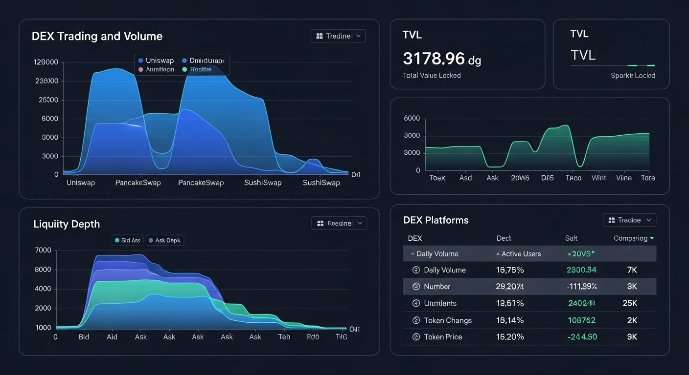 Dexscreener dashboard interface showing real-time cryptocurrency trading data, price charts, and market analytics across multiple decentralized exchanges
