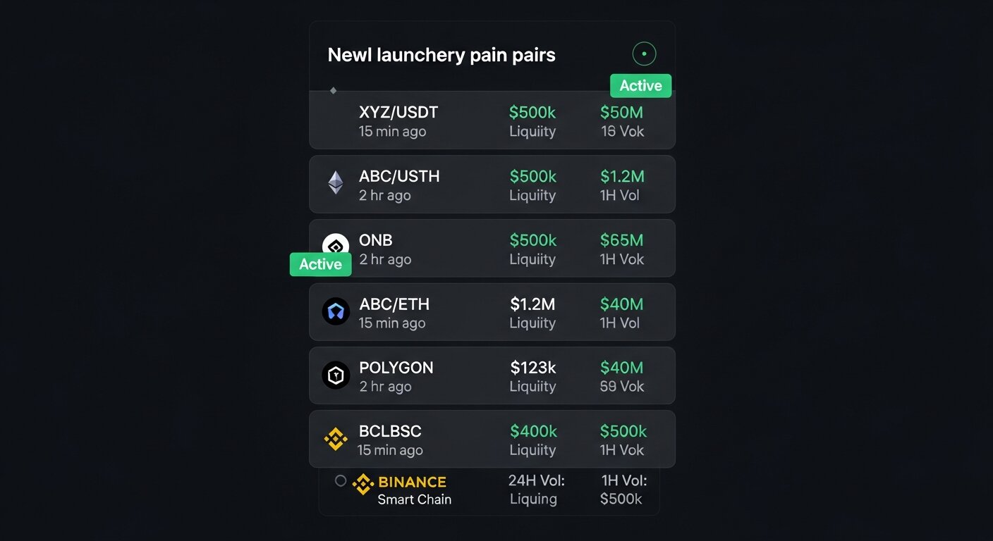 Dexscreener new pairs discovery showing recently launched cryptocurrency tokens and trading pairs across decentralized exchanges